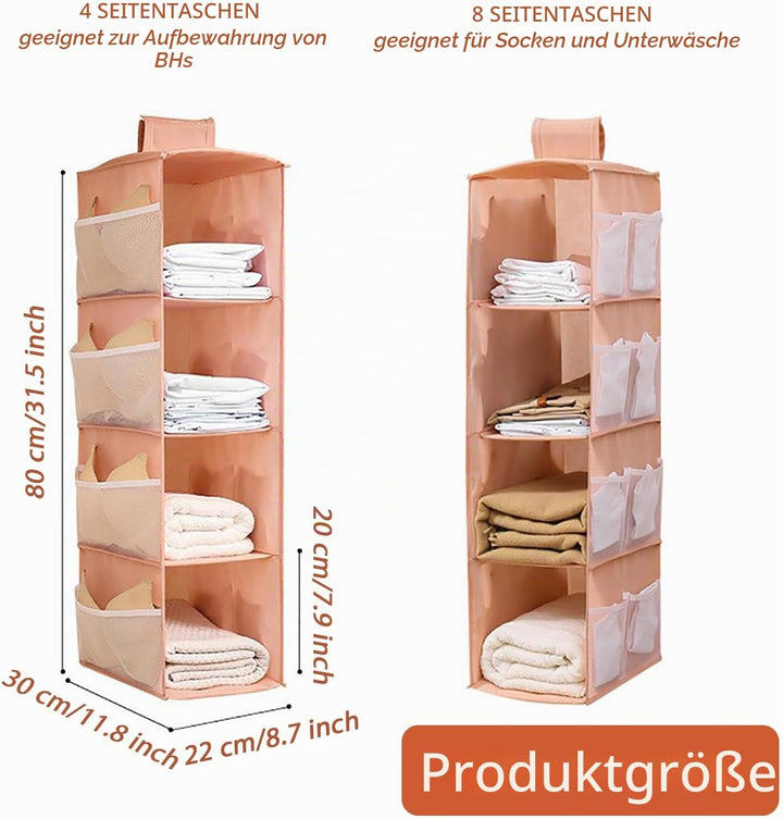 2 Stück Hängeregal Kleiderschrank, 4 Fächer Hängender Organizer Schrank, mit 12 Netzseitentaschen fü