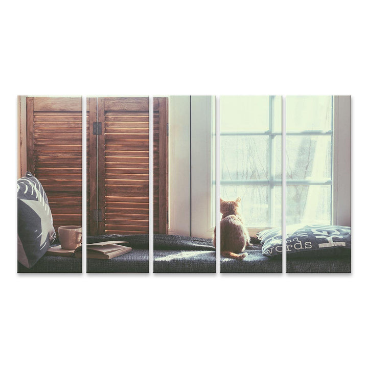 islandburner Bild auf Leinwand Katze Warm Gemütlich Fenster Buch Bilder Wandbilder Poster, Leinwand
