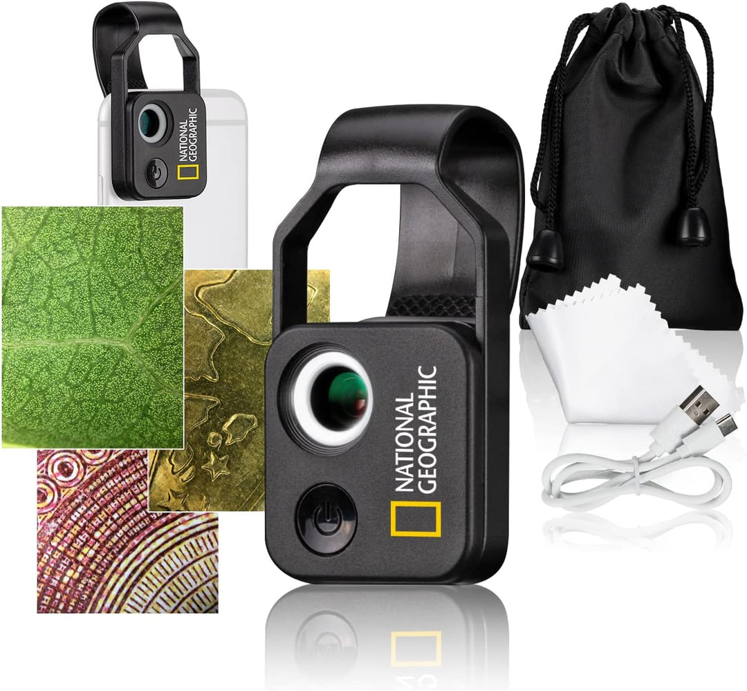 National Geographic Handy-Mikroskop 200x mit CPL, 2 Helligkeitsmodi und Universal-Clip, kompatibel m