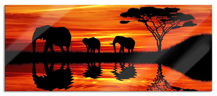 Glasbild Panorama | Wandbild aus Echtglas | Afrika Elefant in Sonnenschein | 120x50 cm | inkl. Aufhä