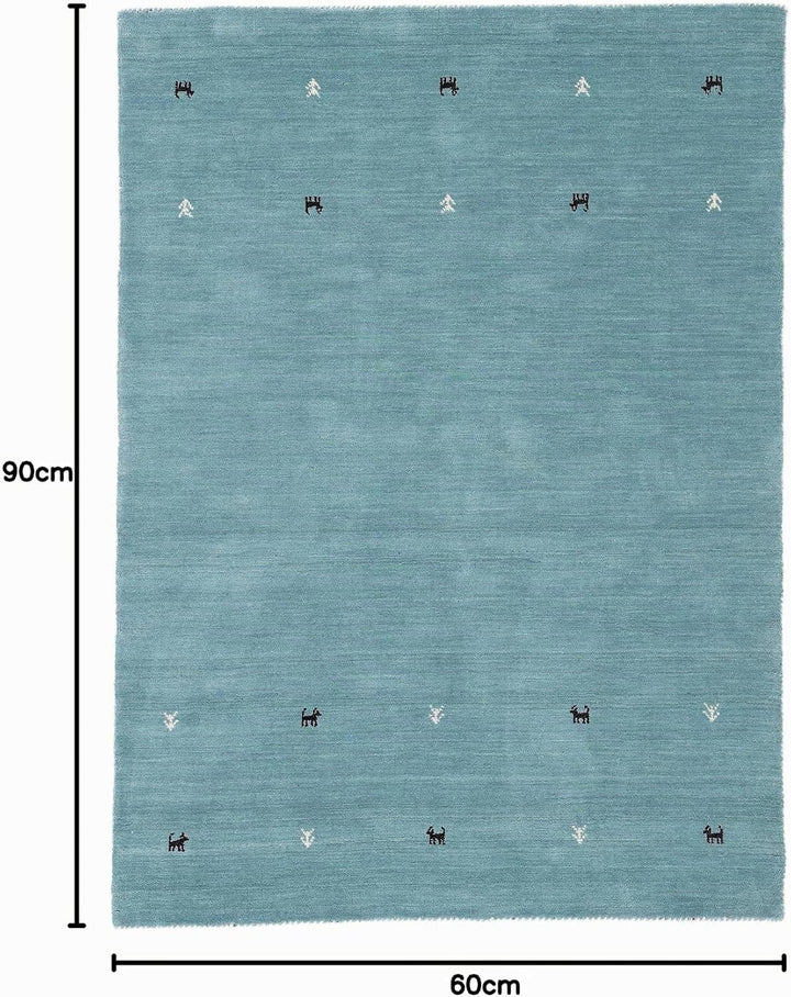 carpetfine Wollteppich Gabbeh Uni Türkis 60x90 cm | Moderner Teppich für Wohn- und Schlafzimmer 60x9