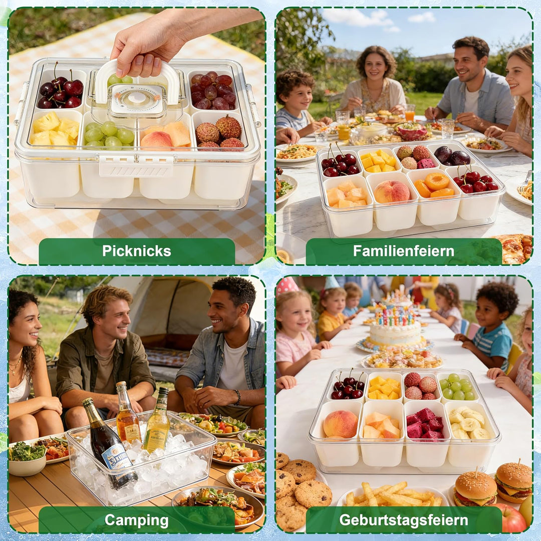 IEEILULU Snackbox mit 8 Fächern, Snackbox mit Kühlakku und Tragetasche für Obst, Snacks, Saucen usw,