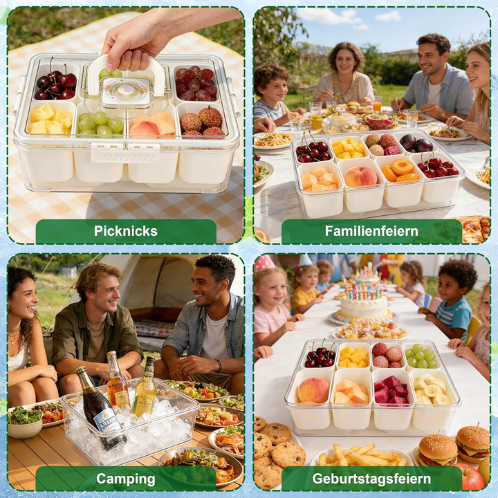 IEEILULU Snackbox mit 8 Fächern, Snackbox mit Kühlakku und Tragetasche für Obst, Snacks, Saucen usw,