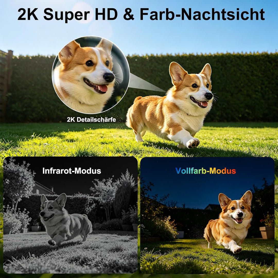 2K Kabellose Überwachungskamera Aussen Solar WLAN, Auto-Tracking, WiFi 6 | 2,4/5 GHz, PTZ 265°, PIR-