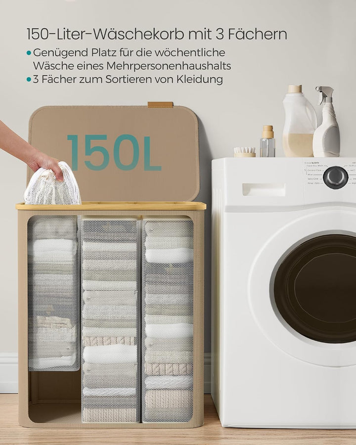 SONGMICS Wäschekorb mit Deckel, Wäschesammler mit 3 Fächern, 150 L, herausnehmbarer Wäschesack, Oxfo