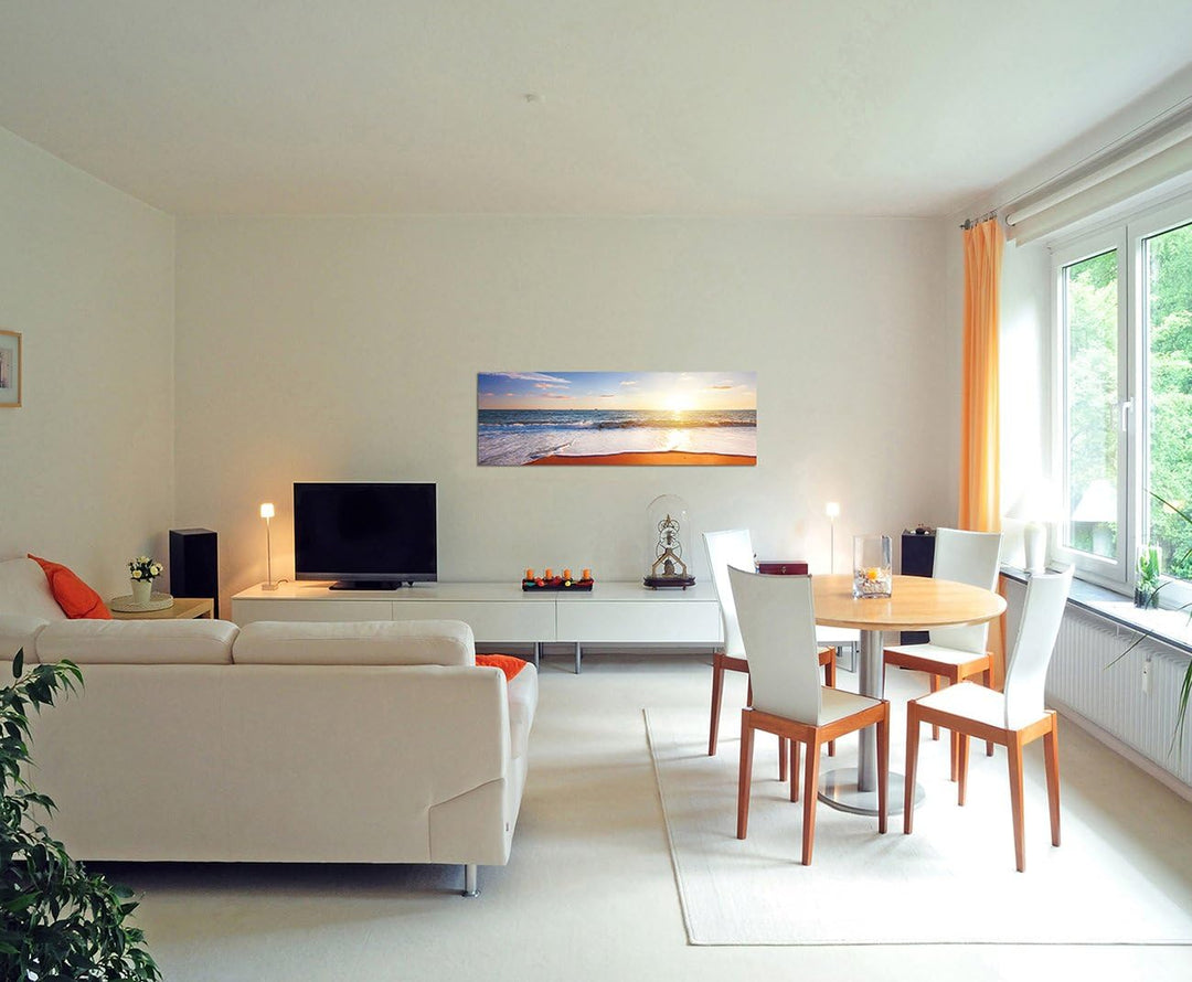 Paul Sinus Art Panoramabild auf Leinwand und Keilrahmen 150x50cm Strand Meer Sonnenuntergang Horizon