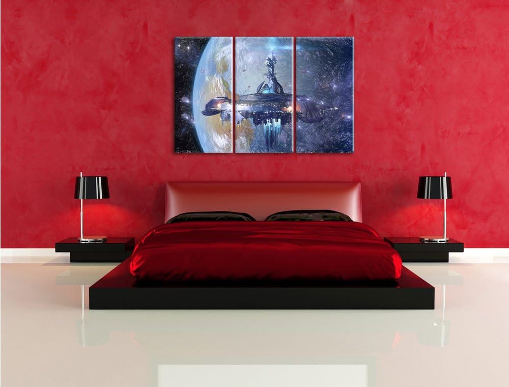 Pixxprint futuristisches Raumschiff vor der Erde Kunst Buntstift Effekt 3-Teiler Leinwandbild 120x80
