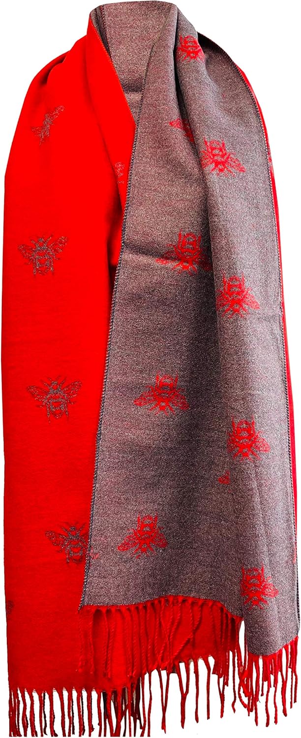 BUMBLE BEES Superweicher Schal mit roter und grauer Quaste, wendbar, weich und warm, Rot gemustert,