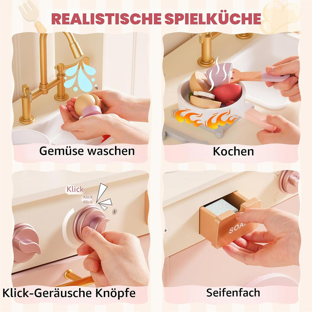 ROBUD Kinder Spielküche aus Holz, Kinder Spielzeugküche Spielset mit Brotmaschine, Ofen mit Kuchen,