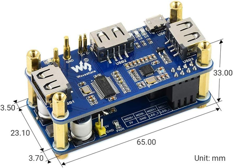 PoE Ethernet/USB HUB HAT for Raspberry Pi Zero/Zero W/Zero WH, 3X USB 2.0 Ports, 10M / 100M RJ45 Por