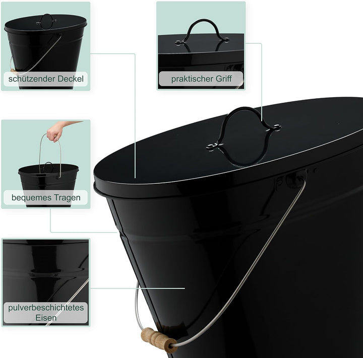 Relaxdays Ascheeimer mit Deckel, 18,5 Liter, Henkel mit Holzgriff, für Kohle & Asche, Kamin, Stahl A
