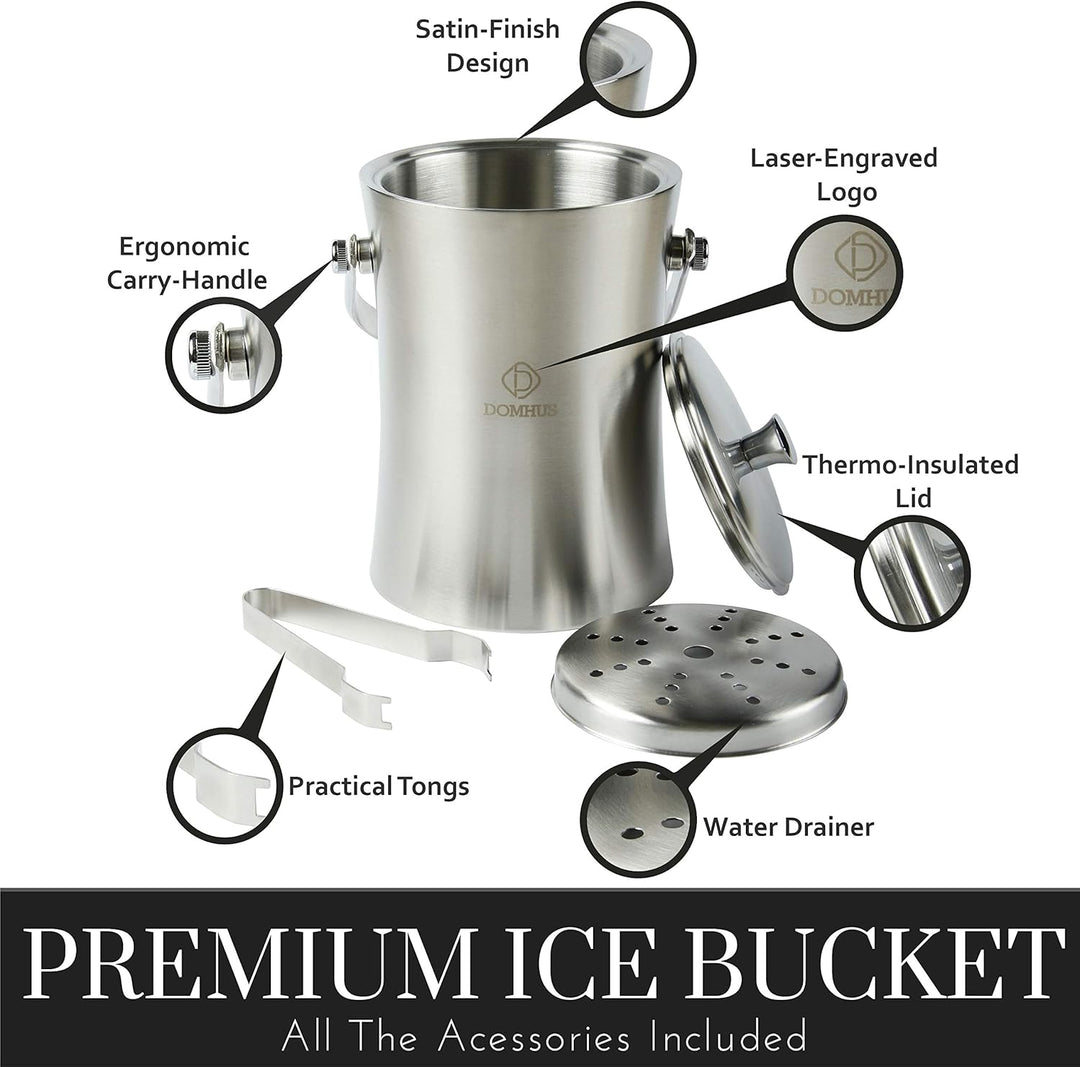 DOMHUS® 2,0L Premium Eiswürfelbehälter mit Deckel und Zange | Edelstahl Sektkühler Eiseimer Doppelwä