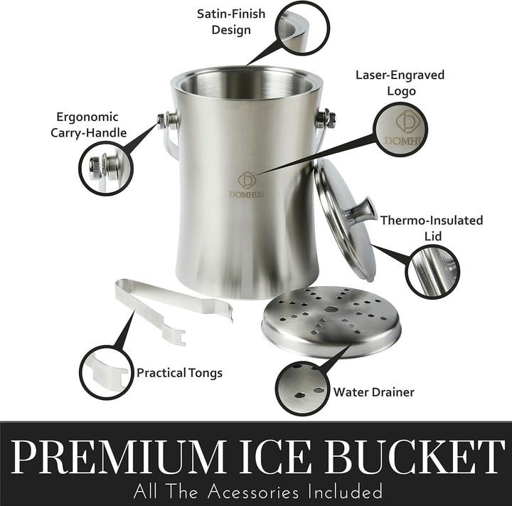 DOMHUS® 2,0L Premium Eiswürfelbehälter mit Deckel und Zange | Edelstahl Sektkühler Eiseimer Doppelwä
