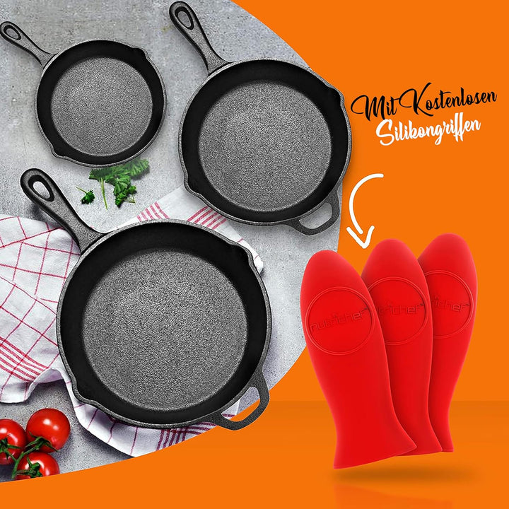 NutriChef Gusseisenpfanne Induktion – Cast Iron Pan, Cast Iron Skillet – Voreingebrante 3er Pan Set