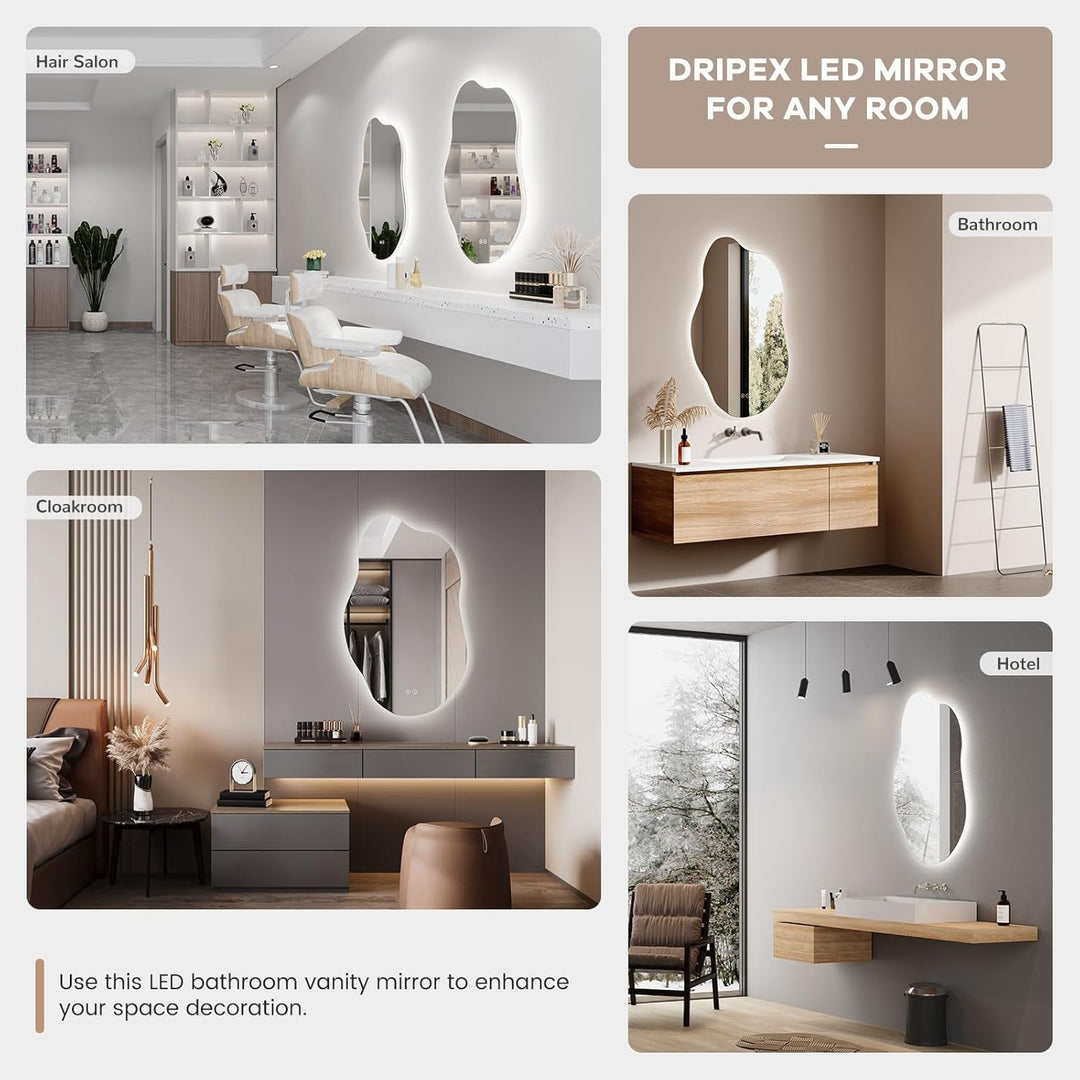 Dripex Badezimmerspiegel Led Badspiegel, Asymmetrisch, Touch-Schalter, Dimmbar, 3 Lichtfarbe Einstel