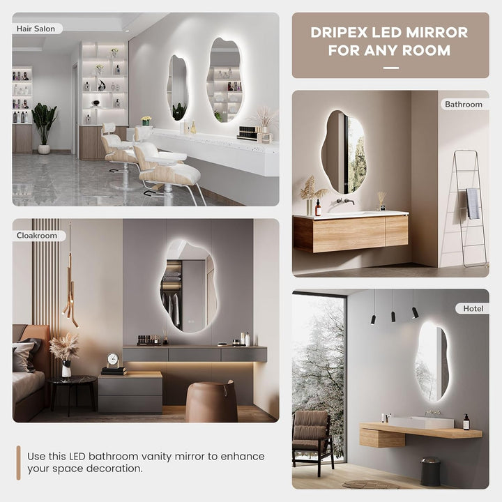 Dripex Badezimmerspiegel Led Badspiegel, Asymmetrisch, Touch-Schalter, Dimmbar, 3 Lichtfarbe Einstel