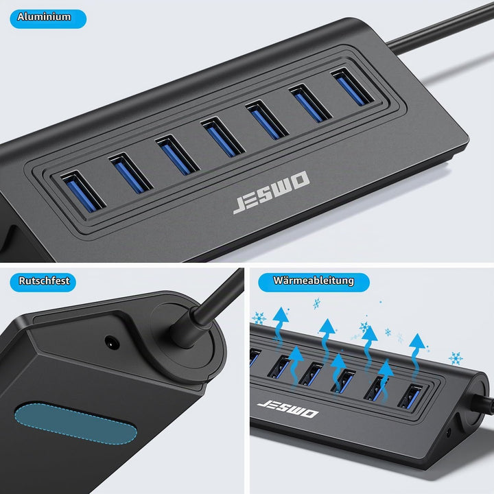 USB HUB mit Netzteil, JESWO 7-Port USB 3.0 Hub, Aluminium USB Verteiler Datenhub mit 100cm Kabel, US