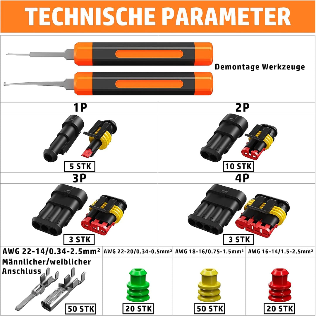 PEBA Crimpzange Wasserdicht Kfz Stecker Set, Crimpzangen 0.34-2.5mm², 1/2/3/4 Polig Steckverbinder f