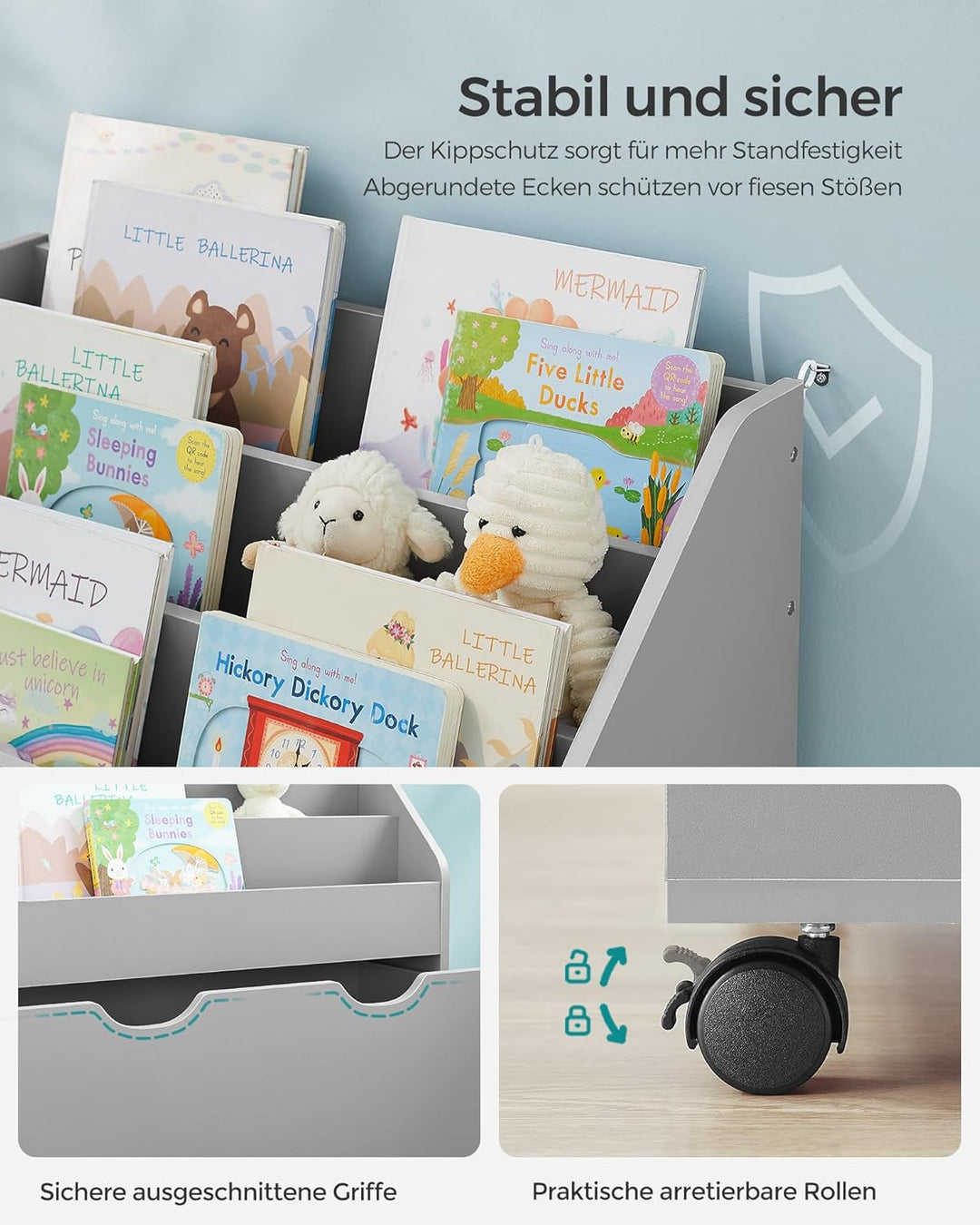 SONGMICS Bücherregal Kinder, Kinderregal, Spielzeugregal, mit 3 Regalebenen, Aufbewahrungsbox auf Ro