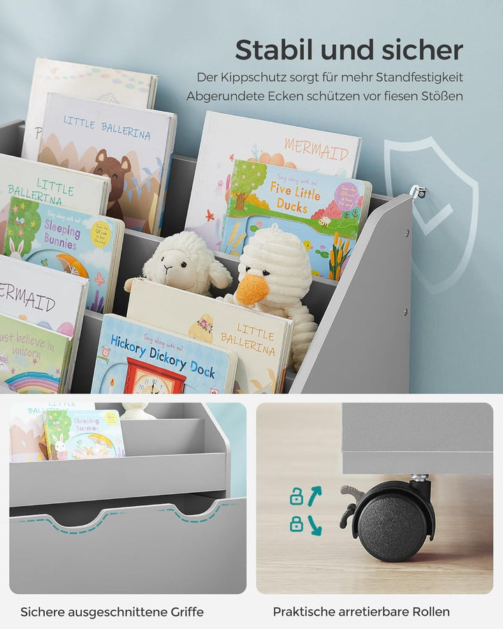 SONGMICS Bücherregal Kinder, Kinderregal, Spielzeugregal, mit 3 Regalebenen, Aufbewahrungsbox auf Ro