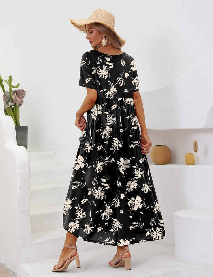 YESNO Damen Kleider Freizeit Lose Sommerkleid Lang Boho Maxikleid für Rundhals Strandkleid Blumenkle