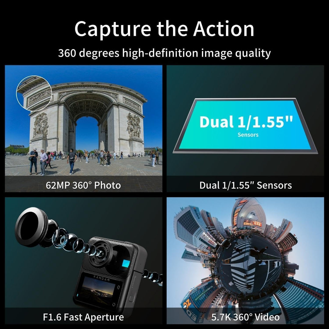 KanDao QooCam 3 Action-Kamera, 5.7K 62MP Foto 60fps Flawless 360 Video-Kamera, Outdoor-Sport-Kamera