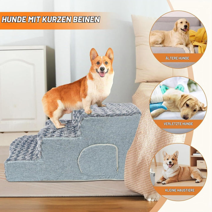 Hundetreppe 3-stufig mit Katzen-Schlafnische und Hunderampe. rutschfeste Treppe aus hochdichtem Scha
