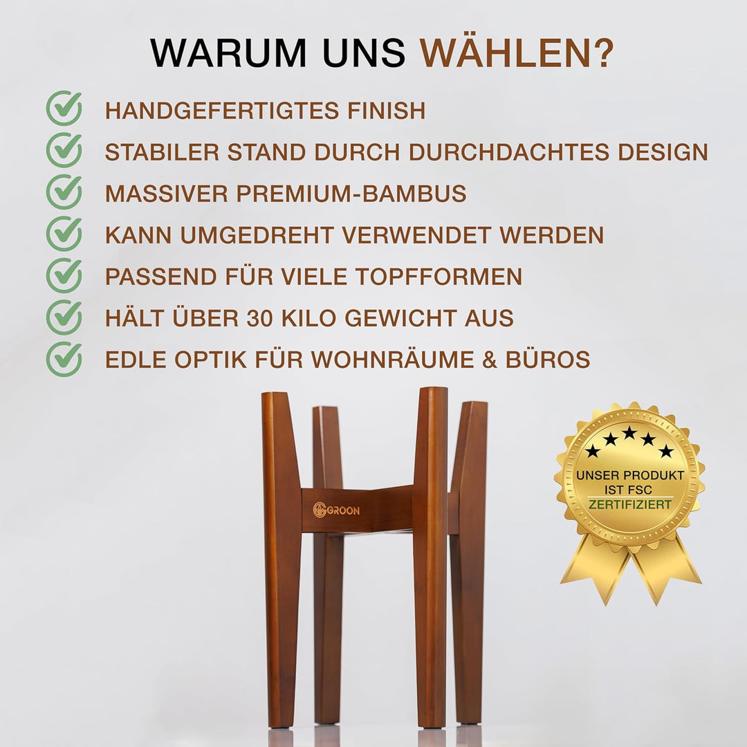 Groon® Premium Pflanzenständer Braun aus Bambus – Verstellbarer Blumenständer 20–32 cm | Handgeferti