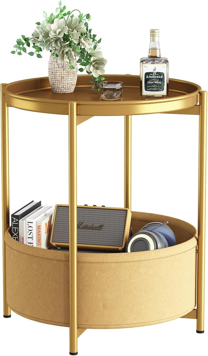 Beistelltisch Rund, Kleiner Tisch, Metall Balkontisch, Sofatisch 2 Ebenen, Couchtisch mit Korb aus S