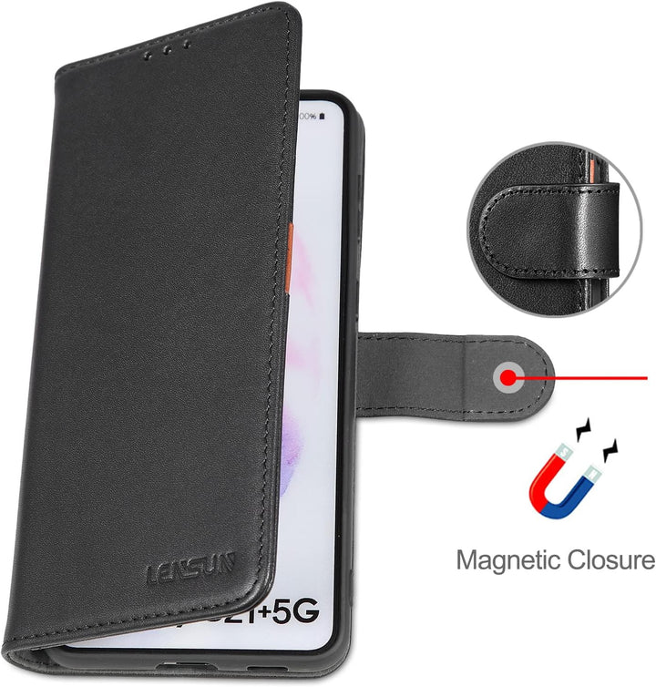 LENSUN Echtleder Hülle für Samsung Galaxy S21 Plus, Handyhülle [Echtes Leder] [Magnetverschluss] [RF