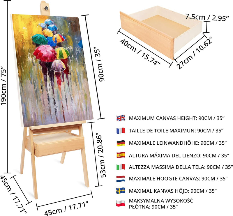 Kurtzy 190cm Atelierstaffelei Staffelei Holz H-Form Staffelei Koffer mit Box – Feldstaffelei Verstel