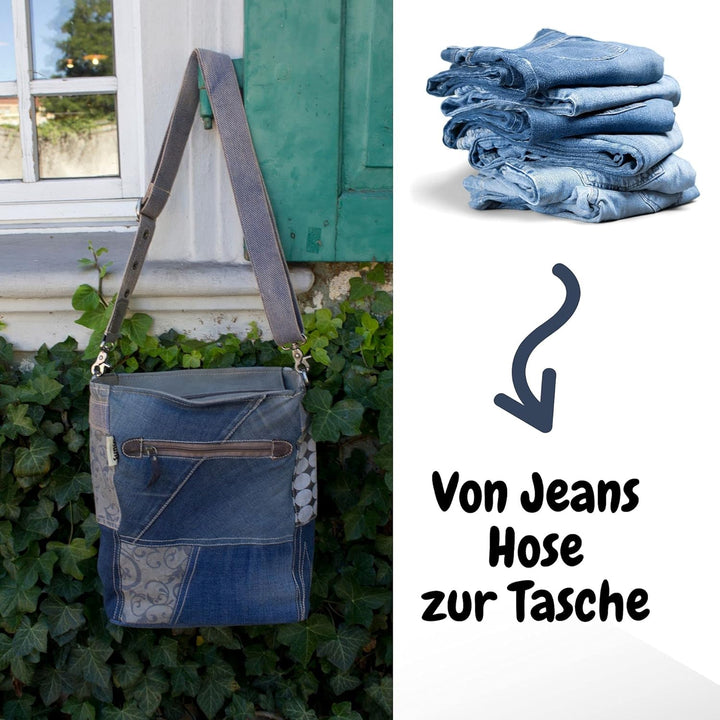 Sunsa Damen Blaue Umhängetasche. Grosse Canvas Schultertasche. Crossbody Bag aus recycelte Jeans. Na