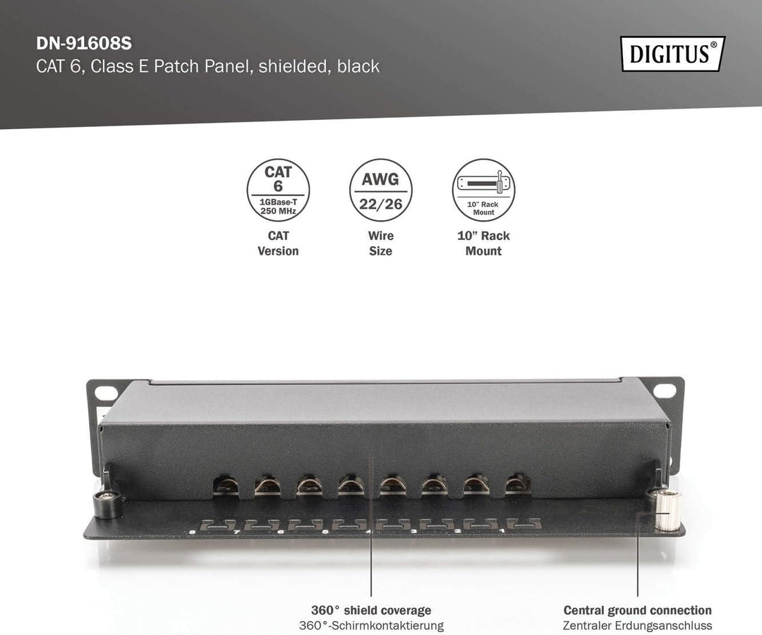 DIGITUS Cat-6 Patchpanel - 8 Ports - RJ45-Buchsen - 10-Zoll Rack-Mount 1HE - LSA Verteilerfeld - Ges
