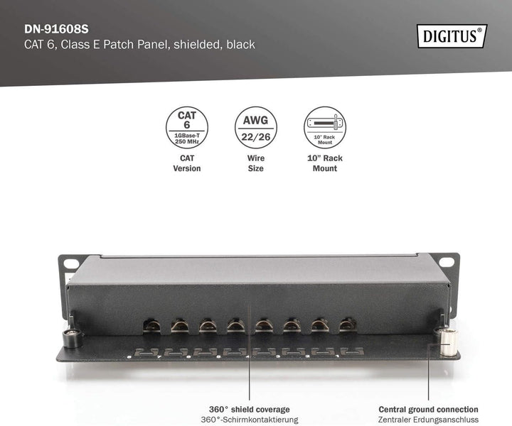 DIGITUS Cat-6 Patchpanel - 8 Ports - RJ45-Buchsen - 10-Zoll Rack-Mount 1HE - LSA Verteilerfeld - Ges