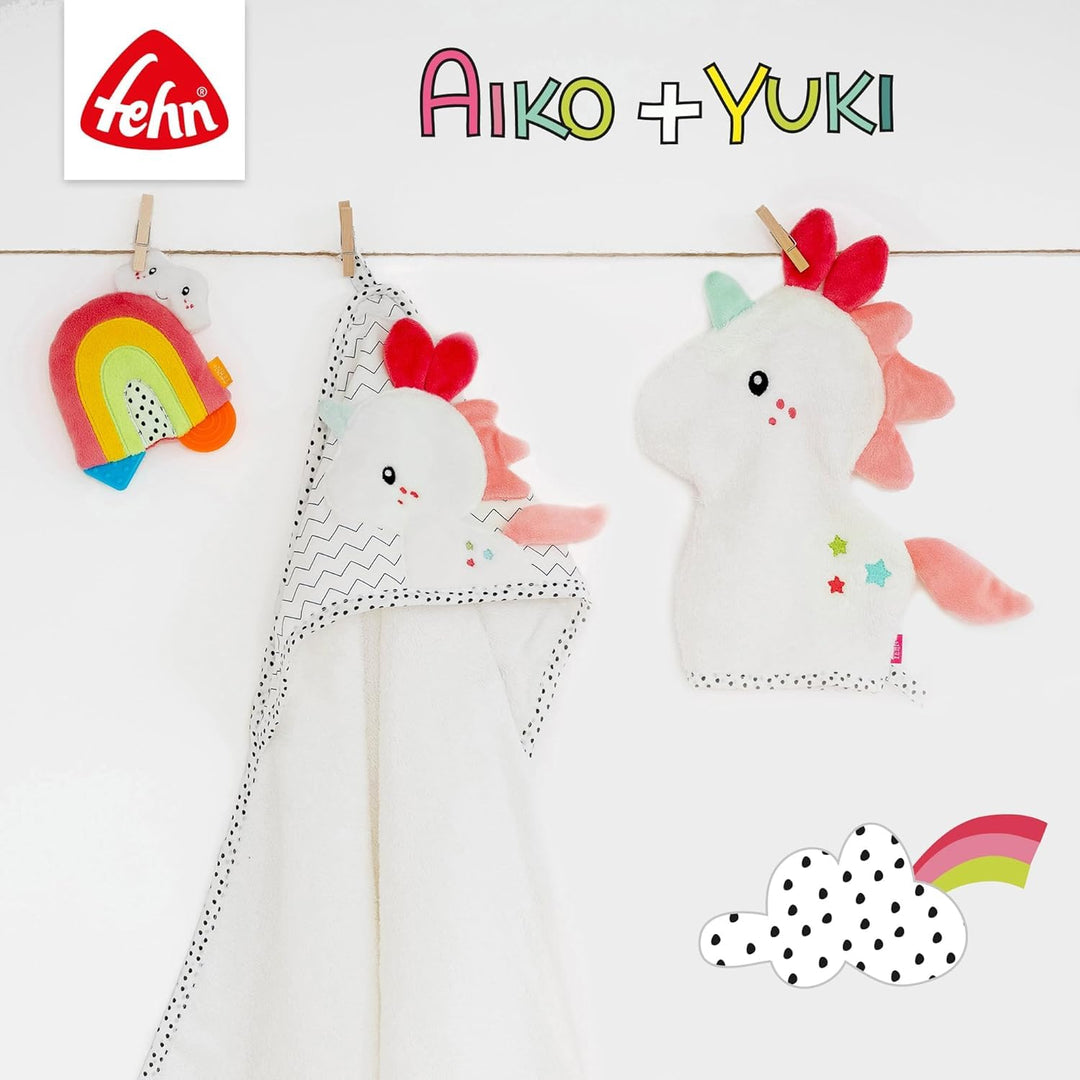 Fehn Nackenstütze Einhorn – Nackenkissen mit kleinem Rassel-Tier – Ergonomische Form des Nackenhörnc