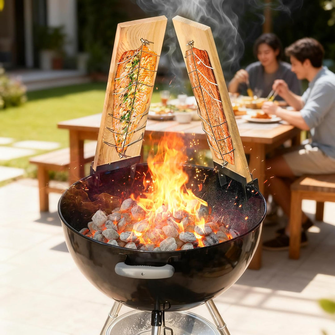 onlyfire Flammlachsbrett, 2er Set Flammlachsbretter mit 4-Fach Verstellbare Edelstahl-Halterung, Gri