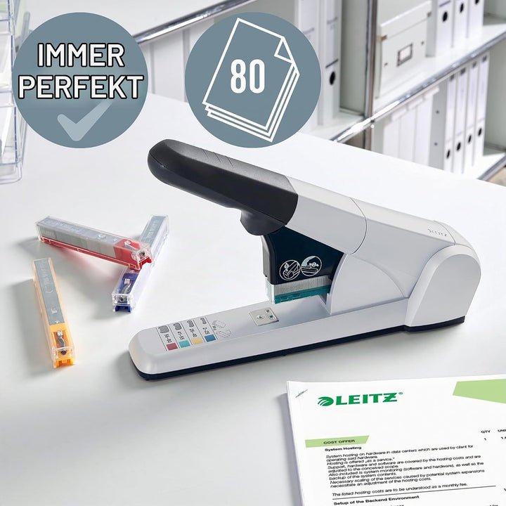 Leitz Block-Heftgerät, Für 80 Blatt, Inkl. 4 Heftklammerkassetten, Ergonomisches Design, Silber, 555