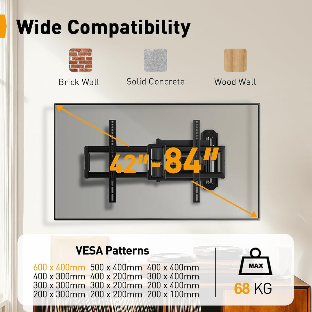Perlegear TV Wandhalterung mit 943mm Langarm für 42–84 Zoll bis zu 68kg, Extra Langer Reach Fernsehe