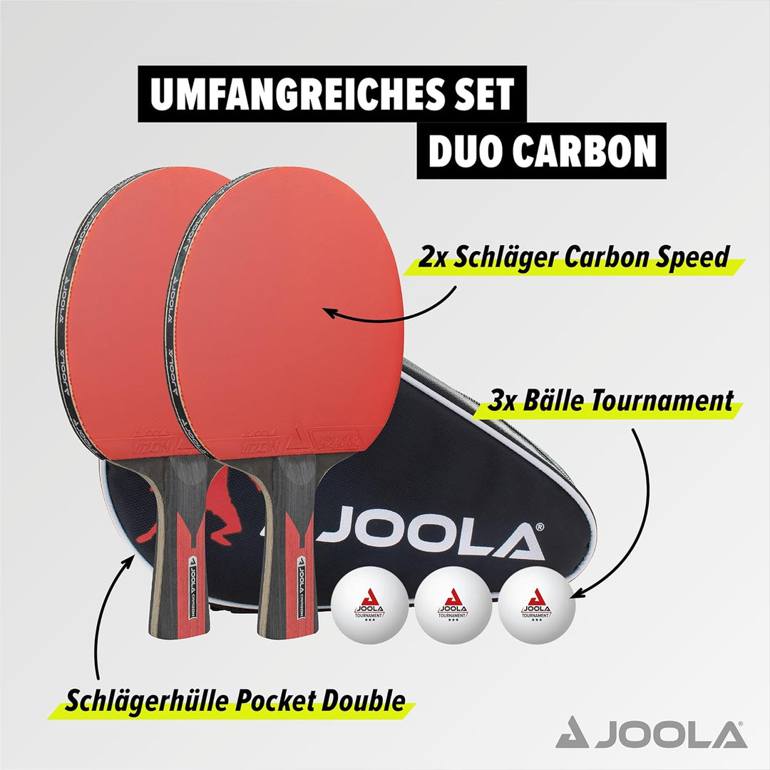 JOOLA Tischtennis Set Duo Carbon 2 Tischtennisschläger + 3 Tischtennisbälle + Tischtennishülle, rot/