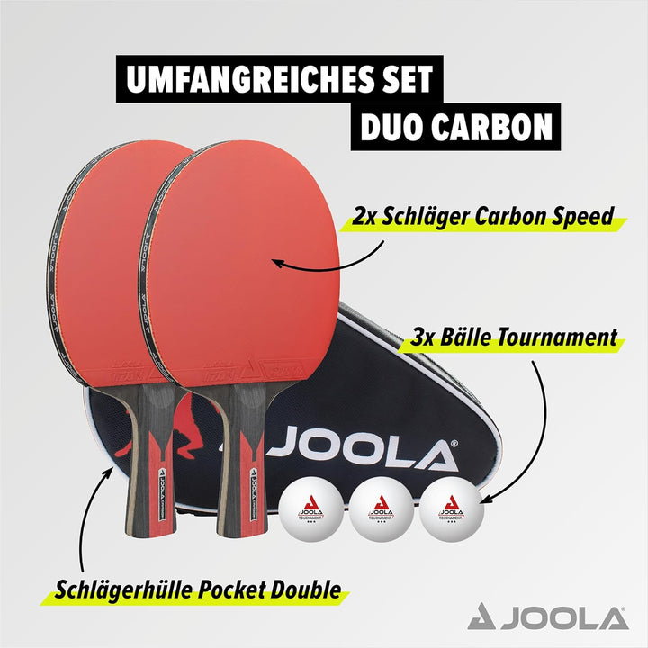 JOOLA Tischtennis Set Duo Carbon 2 Tischtennisschläger + 3 Tischtennisbälle + Tischtennishülle, rot/