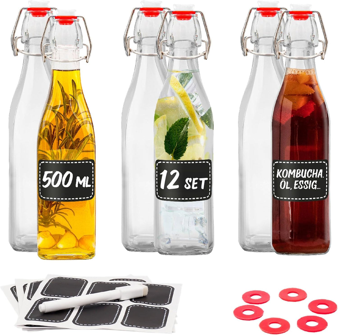 Praknu 12er Set Glasflaschen 500ml Bügelverschluss Eckig - Bügelflaschen Zum Befüllen - inkl 6 Extra