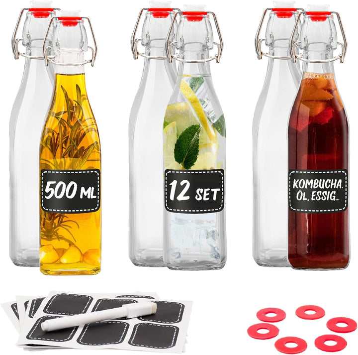 Praknu 12er Set Glasflaschen 500ml Bügelverschluss Eckig - Bügelflaschen Zum Befüllen - inkl 6 Extra