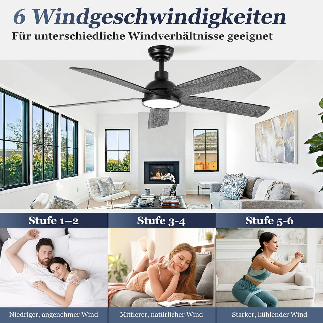 132 cm Deckenventilator mit Beleuchtung und Fernbedienung | 5 Holz Flügeln, doppelseitige Flügel, Ti