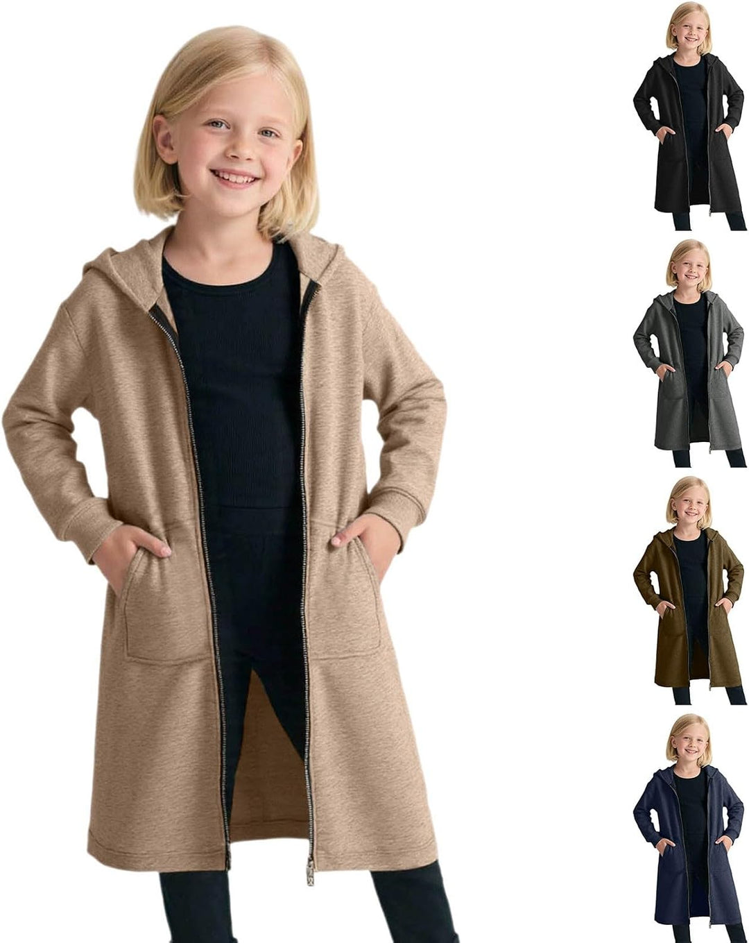 Hoodie Jacke Mädchen mit Reissverschluss Lang Kapuzenpullover Strickjacke Einfarbig Locker Sportjack