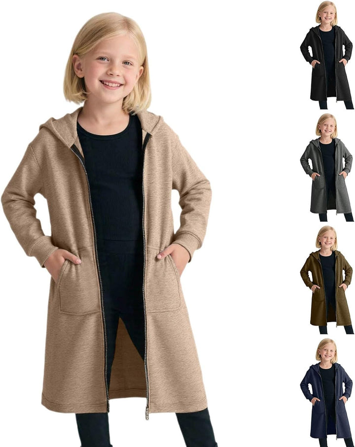 Hoodie Jacke Mädchen mit Reissverschluss Lang Kapuzenpullover Strickjacke Einfarbig Locker Sportjack