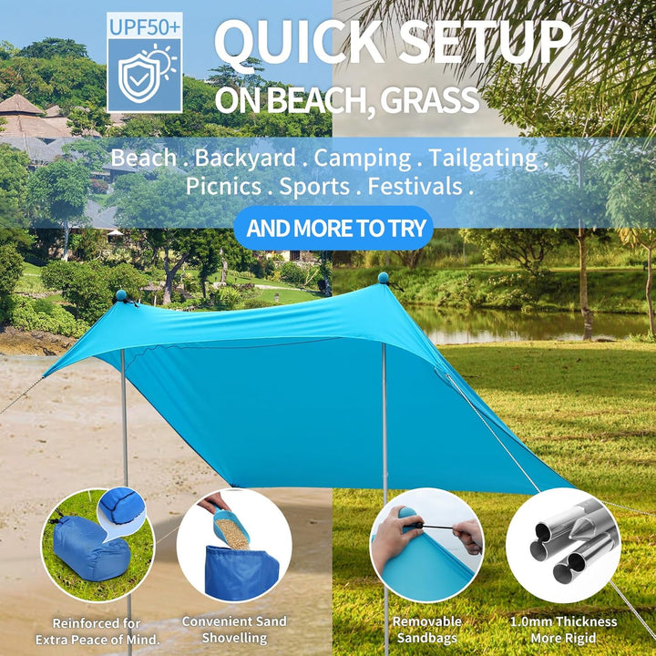 JAICOM Strandzelt, 2.1x2.1m Strandmuschel, UPF50+ UV-Schutz und Wasserdicht Sonnensegel, Mit Sandsch