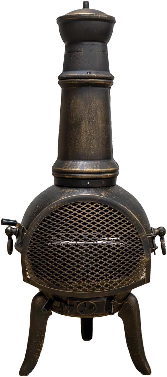 Gusseisen Terrassenofen | Gartenkamin Aztekenofen Feuerstelle | Premium Bronze-Effekt | mit Funkensc