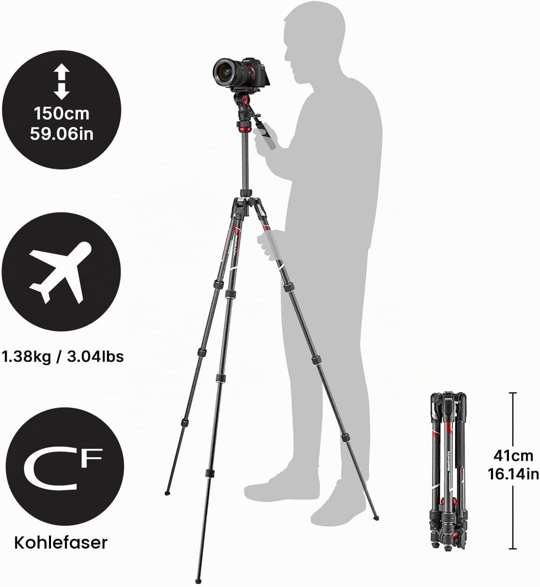 Manfrotto Befree Live Carbon Reisestativ Twist (Drehverschluss) mit Fluid-Video Kopf inkl. Tasche (T