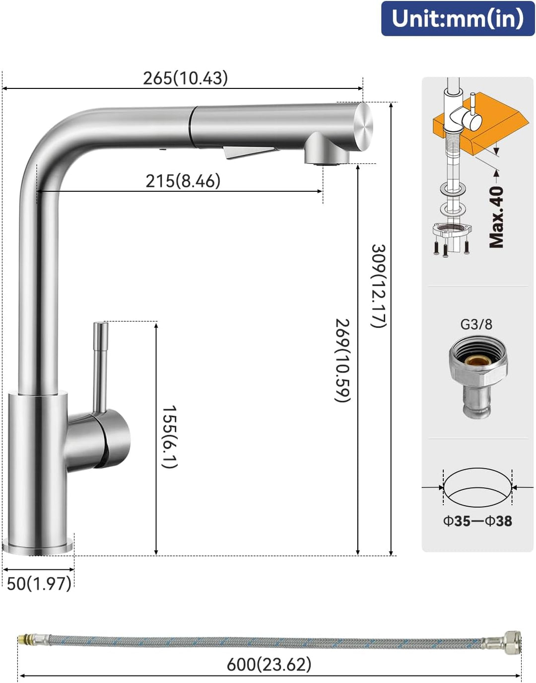 Wasserhahn Küche Ausziehbar, Hochdruck Küchenarmatur mit Brause | Zwei Wasserstrahlarten, 360° Drehu
