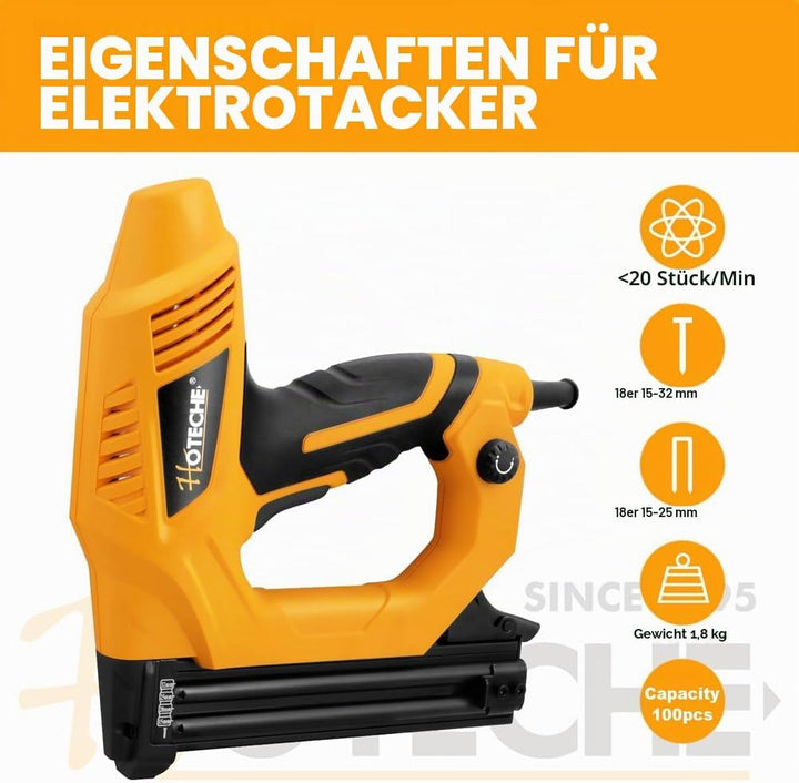 Hoteche 9A Elektrotacker 2-in-1 | 20pcs/min | 100-Nagelkapazität | VDE Stecker | Gelb-Schwarz | 400p